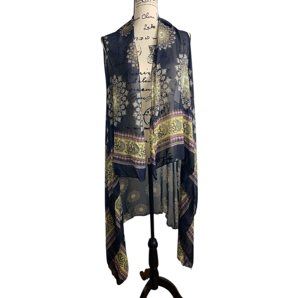 Scarf Vest Long Flowy Sleeveless Navy Print Silky One Size Boho Asymetrical